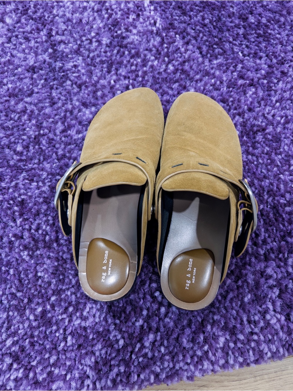 rag & bone Women's Suede Slip-On Clogs in Tan with Buckle - Picture 2 of 4